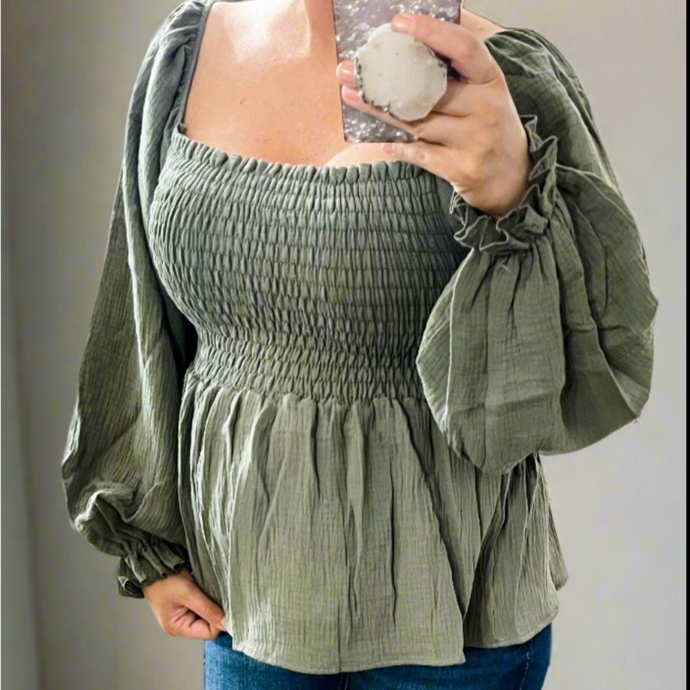 Green Smocked Long Sleeve Blouse